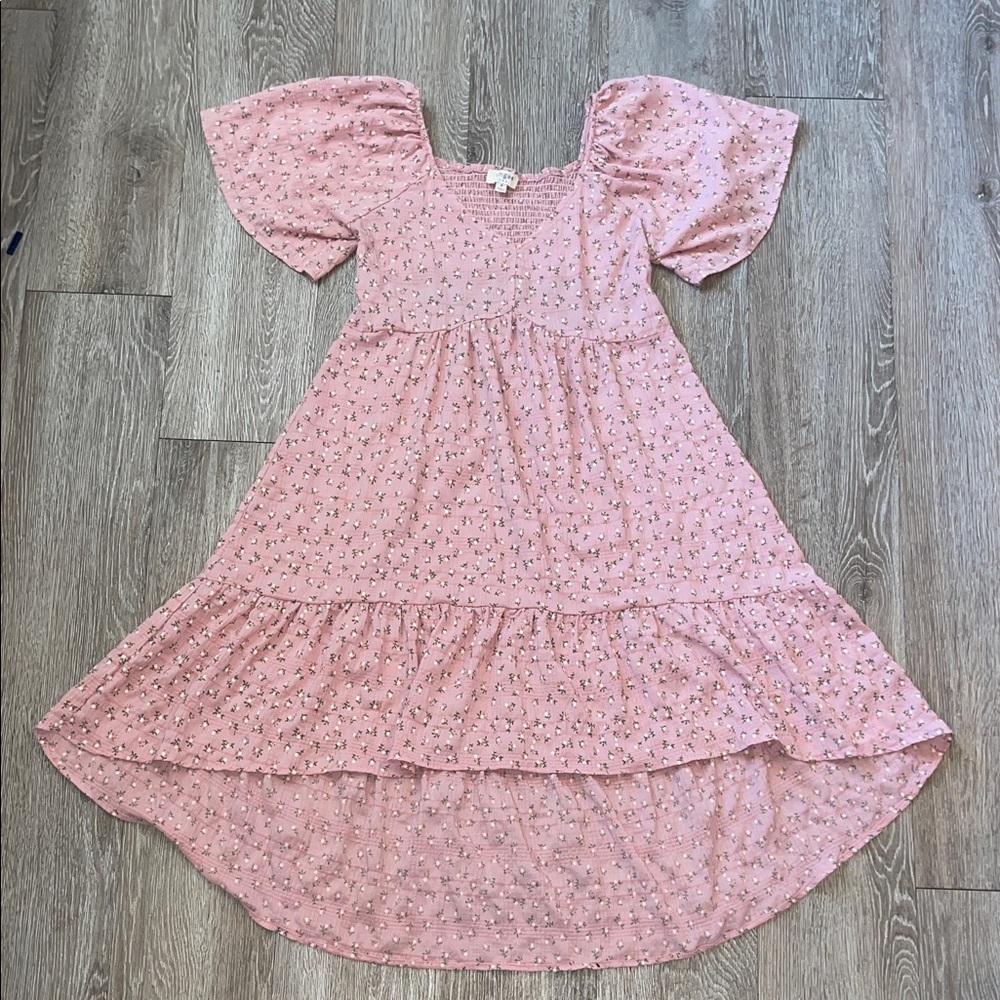 Umgee Pink Floral smocked floral midi dress size medium open back Easter spring